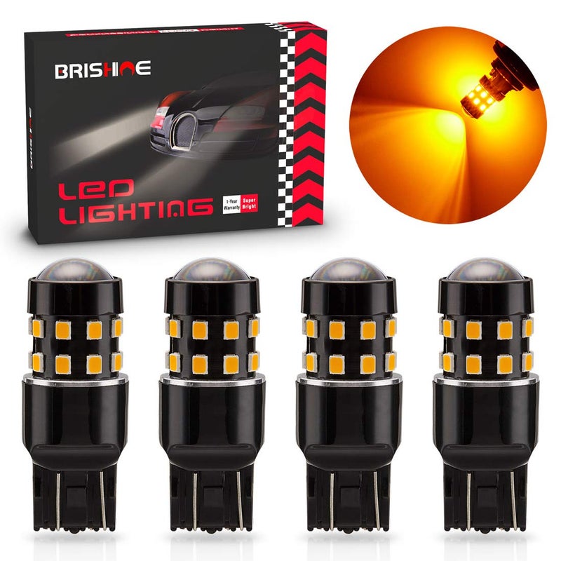 BRISHINE 4-Pack Super Bright 7443 7440 992 T20 7444NA LED Bulbs Amber Yellow 9-30V Non-Polarity 24-SMD LED Chipsets with Projector for Turn Signal Lights, Side Marker Lights - Image 1